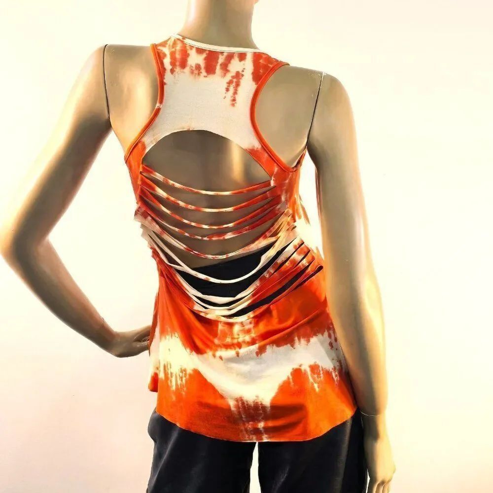 Shape Up Fitness Wear Tie Dye Orange Red Shark-Bite Back Tank Top Womens Sz M/L